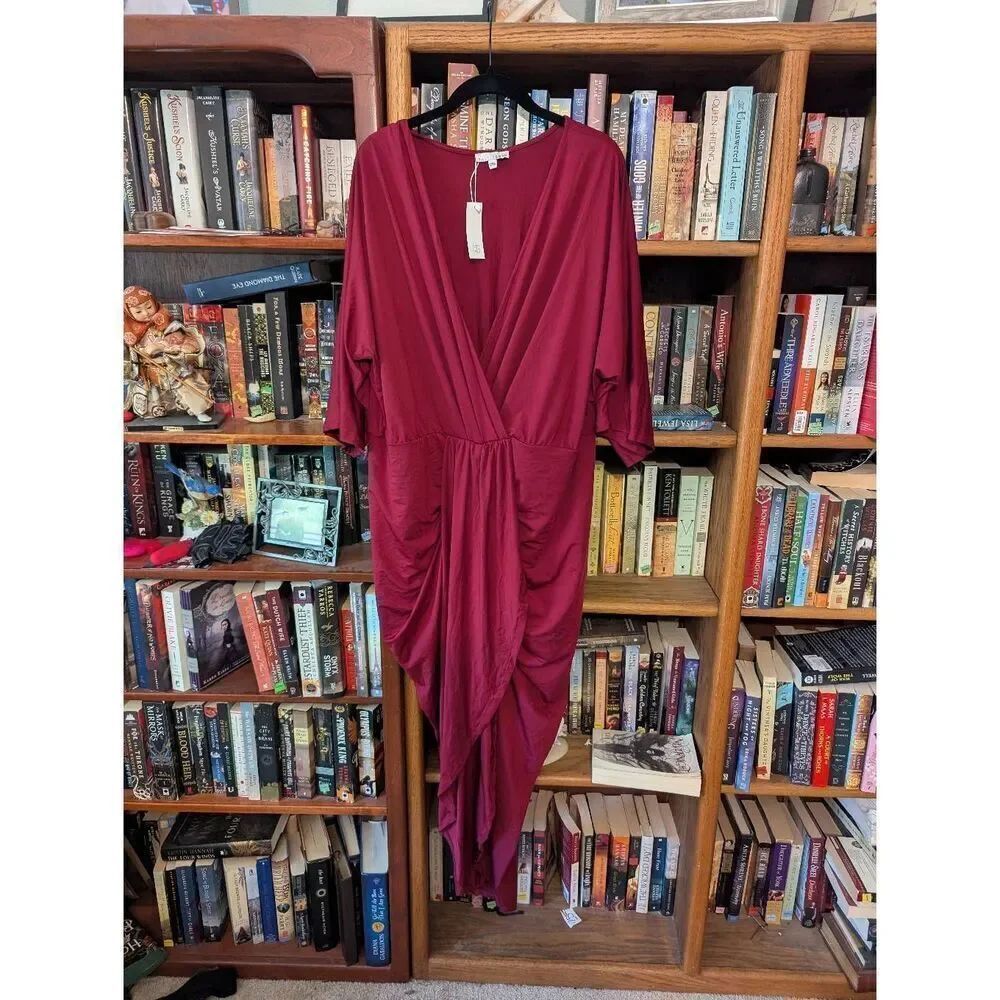Brand New Baltic Born Women's Size 2XL Red Faux Wrap Asymmetrical Hem Midi Dress